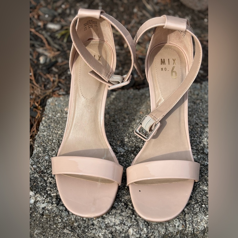 Blush Patent Ankle Strap Block Heel Sandals